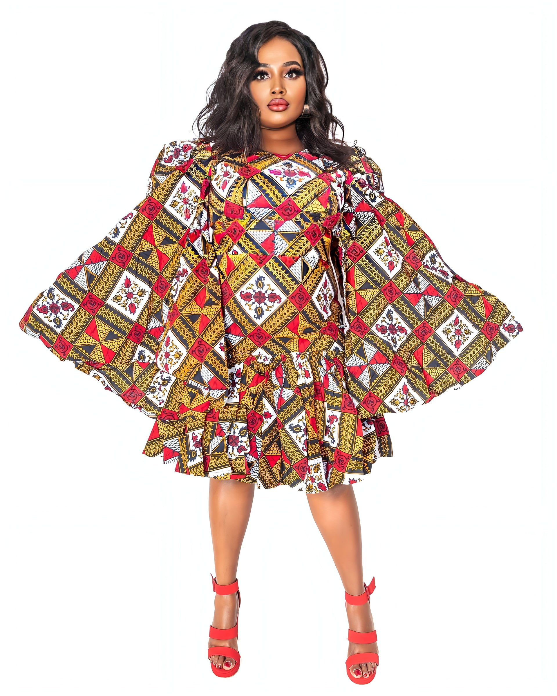 Ankara Wide-Sleeve Flare Dress – Anita Couture Fashion