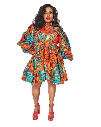 Colorful Teal and Orange Ankara Dress