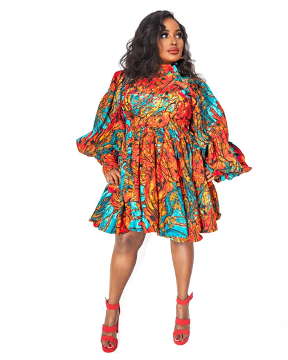 Colorful Teal and Orange Ankara Dress