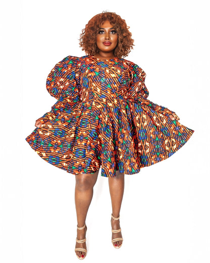 Ankara Puff-Sleeve Mini Dress – Rust & Blue