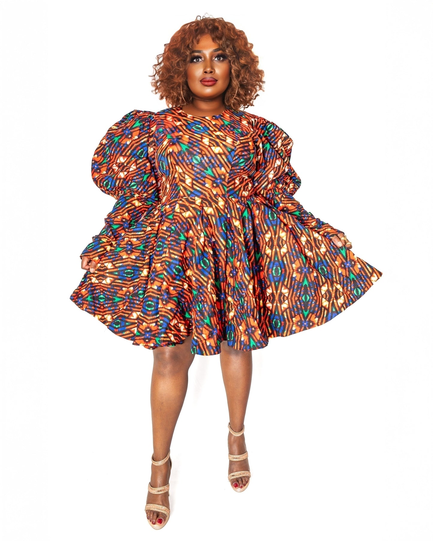 Ankara Puff-Sleeve Mini Dress – Rust & Blue