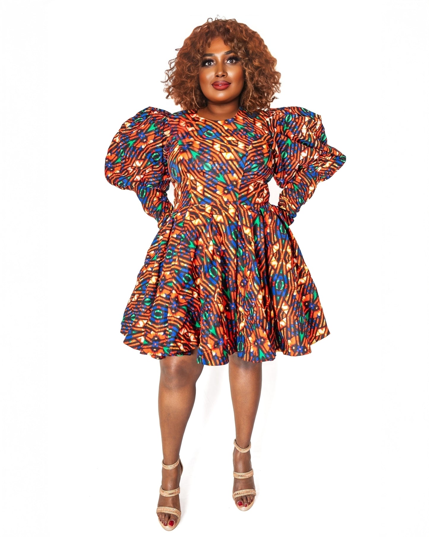 Ankara Puff-Sleeve Mini Dress – Rust & Blue