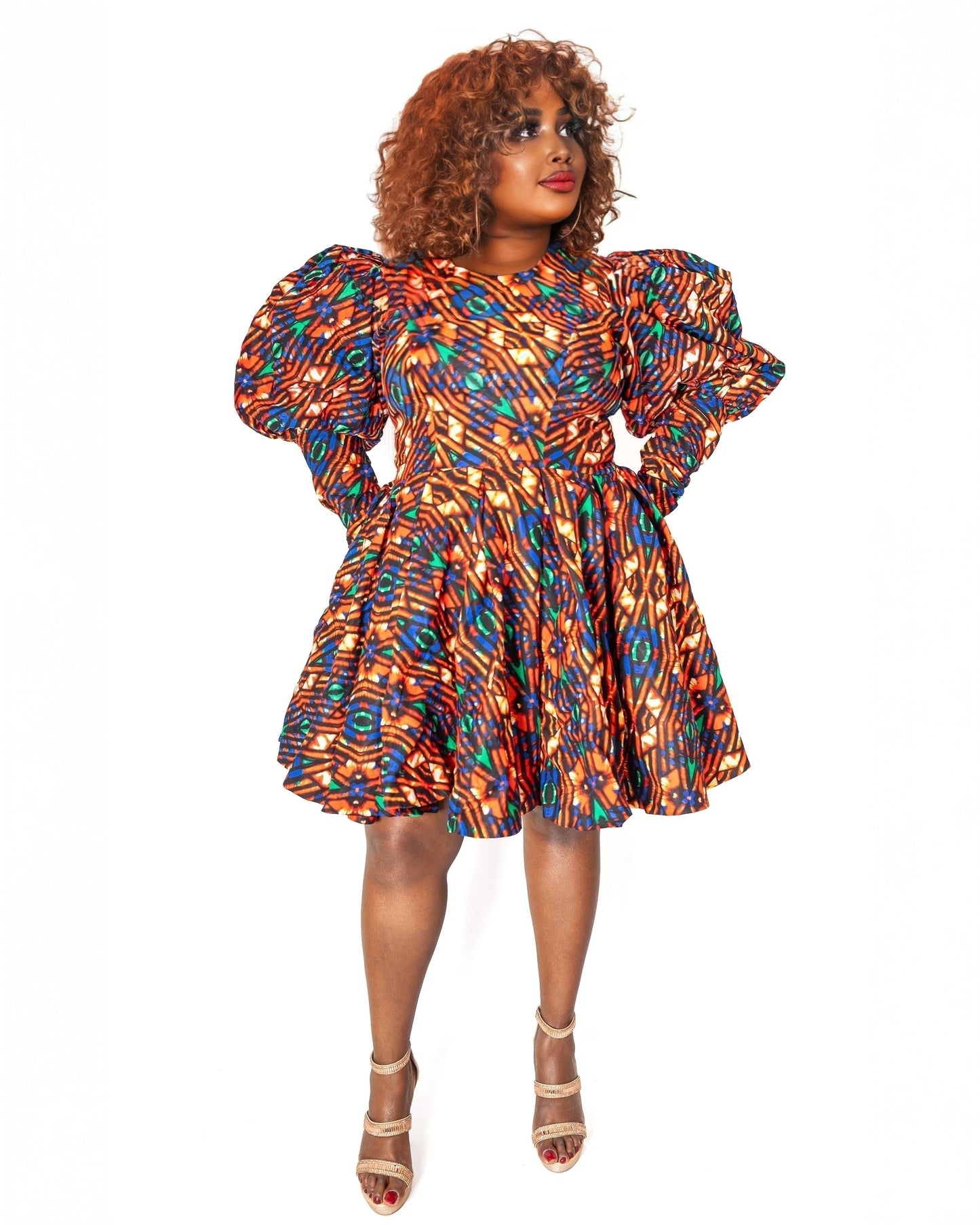 Ankara Puff-Sleeve Mini Dress – Rust & Blue