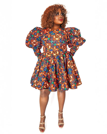 Ankara Puff-Sleeve Mini Dress – Rust & Blue