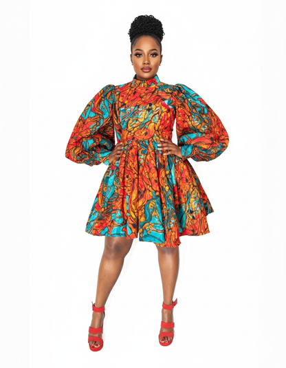 Colorful Teal and Orange Ankara Dress