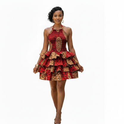 Red Circular Pattern Ankara Ruffle Dress