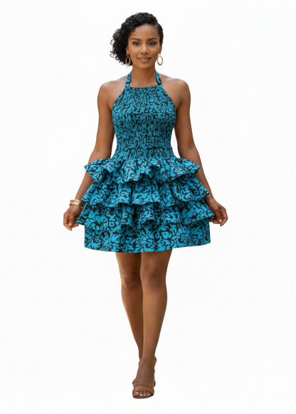 Blue Ankara Ruffle Dress