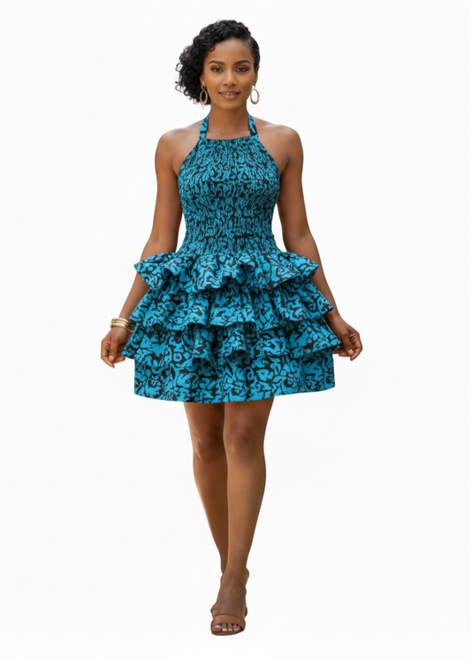Blue Ankara Ruffle Dress