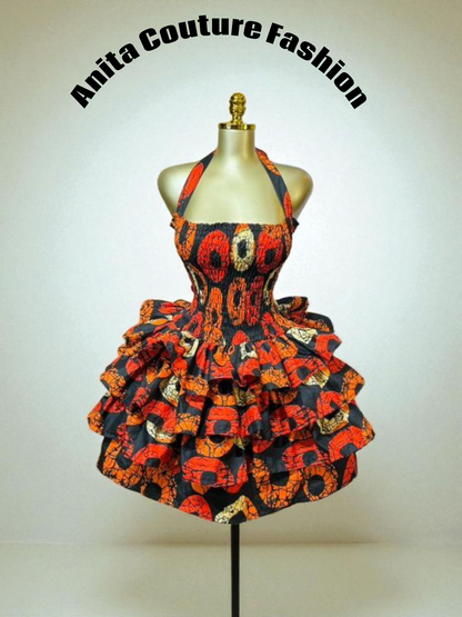 Orange & Black Ankara Ruffle Dress