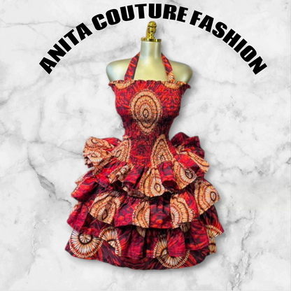 Red Circular Pattern Ankara Ruffle Dress