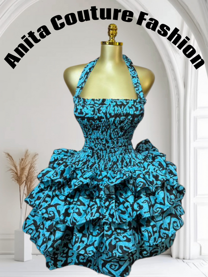 Blue Ankara Ruffle Dress