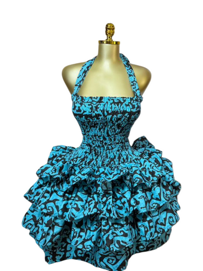 Blue Ankara Ruffle Dress
